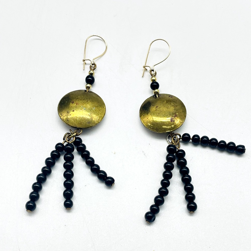 Gold Tone Disc Black Beaded Fringe Dangle Pierced Earrings Boho Statement